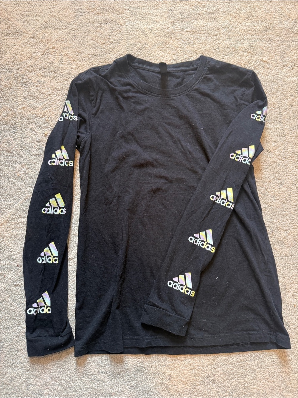 adidas Black Long-Sleeve Tee with Iridescent Logo Sleeves